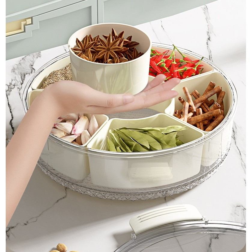Cutie de depozitare pentru alimente, cu 6 compartimente, pentru condimente, fructe, legume, cu manere de prindere, rotativa 360 de grade, inchidere ermetica, 32x10 cm, alba [17]