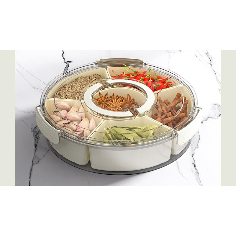 Cutie de depozitare pentru alimente, cu 6 compartimente, pentru condimente, fructe, legume, cu manere de prindere, rotativa 360 de grade, inchidere ermetica, 32x10 cm, alba [8]