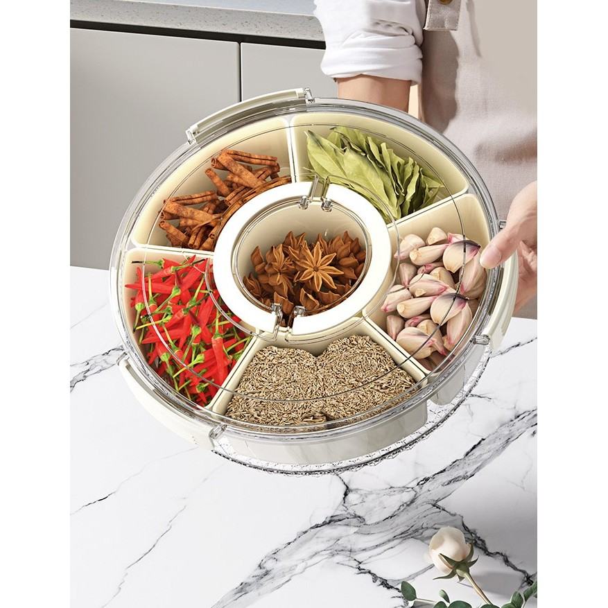 Cutie de depozitare pentru alimente, cu 6 compartimente, pentru condimente, fructe, legume, cu manere de prindere, rotativa 360 de grade, inchidere ermetica, 32x10 cm, alba [13]