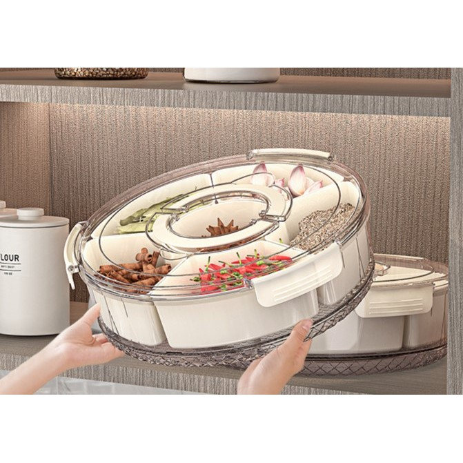 Cutie de depozitare pentru alimente, cu 6 compartimente, pentru condimente, fructe, legume, cu manere de prindere, rotativa 360 de grade, inchidere ermetica, 32x10 cm, alba [10]