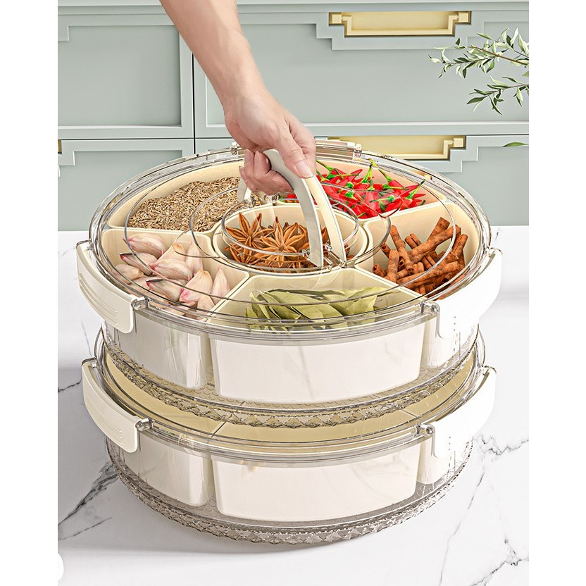 Cutie de depozitare pentru alimente, cu 6 compartimente, pentru condimente, fructe, legume, cu manere de prindere, rotativa 360 de grade, inchidere ermetica, 32x10 cm, alba [14]