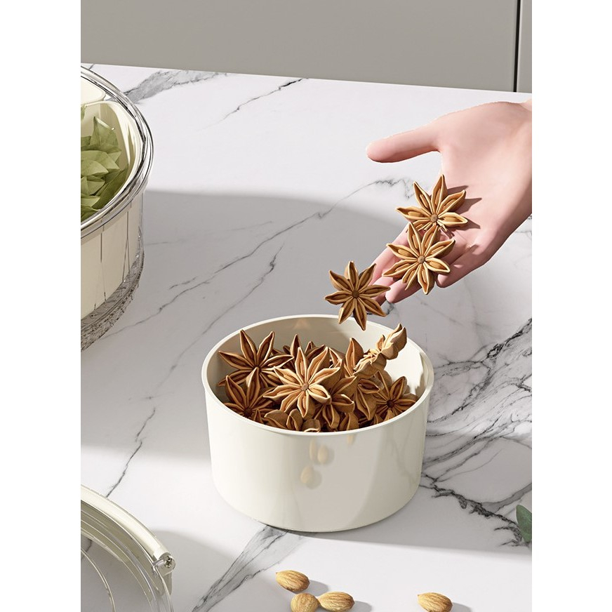 Cutie de depozitare pentru alimente, cu 6 compartimente, pentru condimente, fructe, legume, cu manere de prindere, rotativa 360 de grade, inchidere ermetica, 32x10 cm, alba [16]