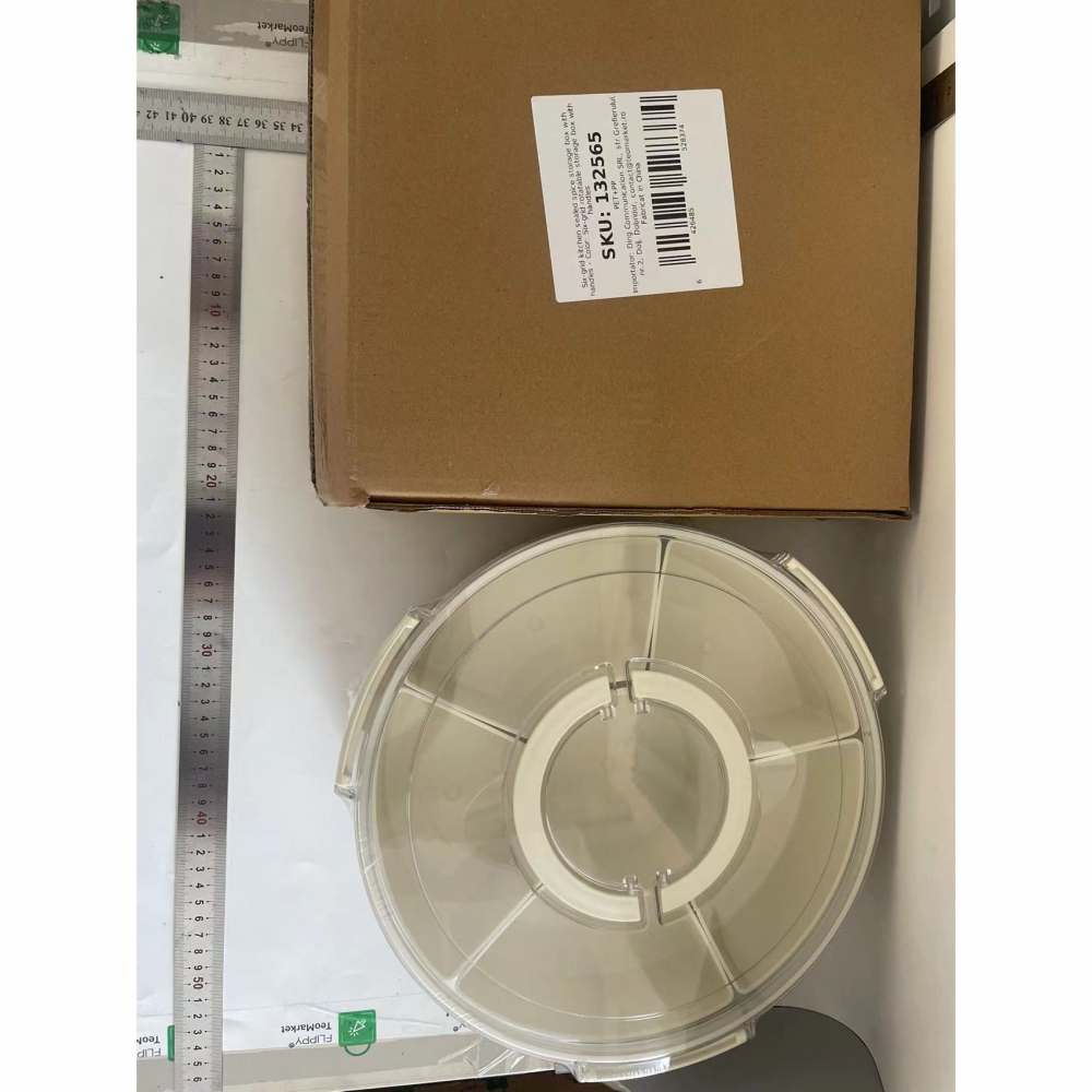 Cutie de depozitare pentru alimente, cu 6 compartimente, pentru condimente, fructe, legume, cu manere de prindere, rotativa 360 de grade, inchidere ermetica, 32x10 cm, alba [2]