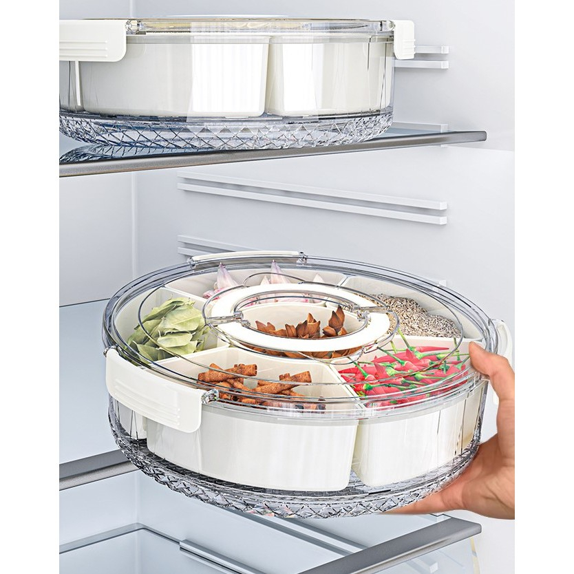Cutie de depozitare pentru alimente, cu 6 compartimente, pentru condimente, fructe, legume, cu manere de prindere, rotativa 360 de grade, inchidere ermetica, 32x10 cm, alba [15]