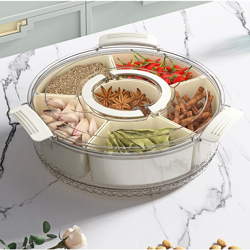 Cutie de depozitare pentru alimente, cu 6 compartimente, pentru condimente, fructe, legume, cu manere de prindere, rotativa 360 de grade, inchidere ermetica, 32x10 cm, alba [12]
