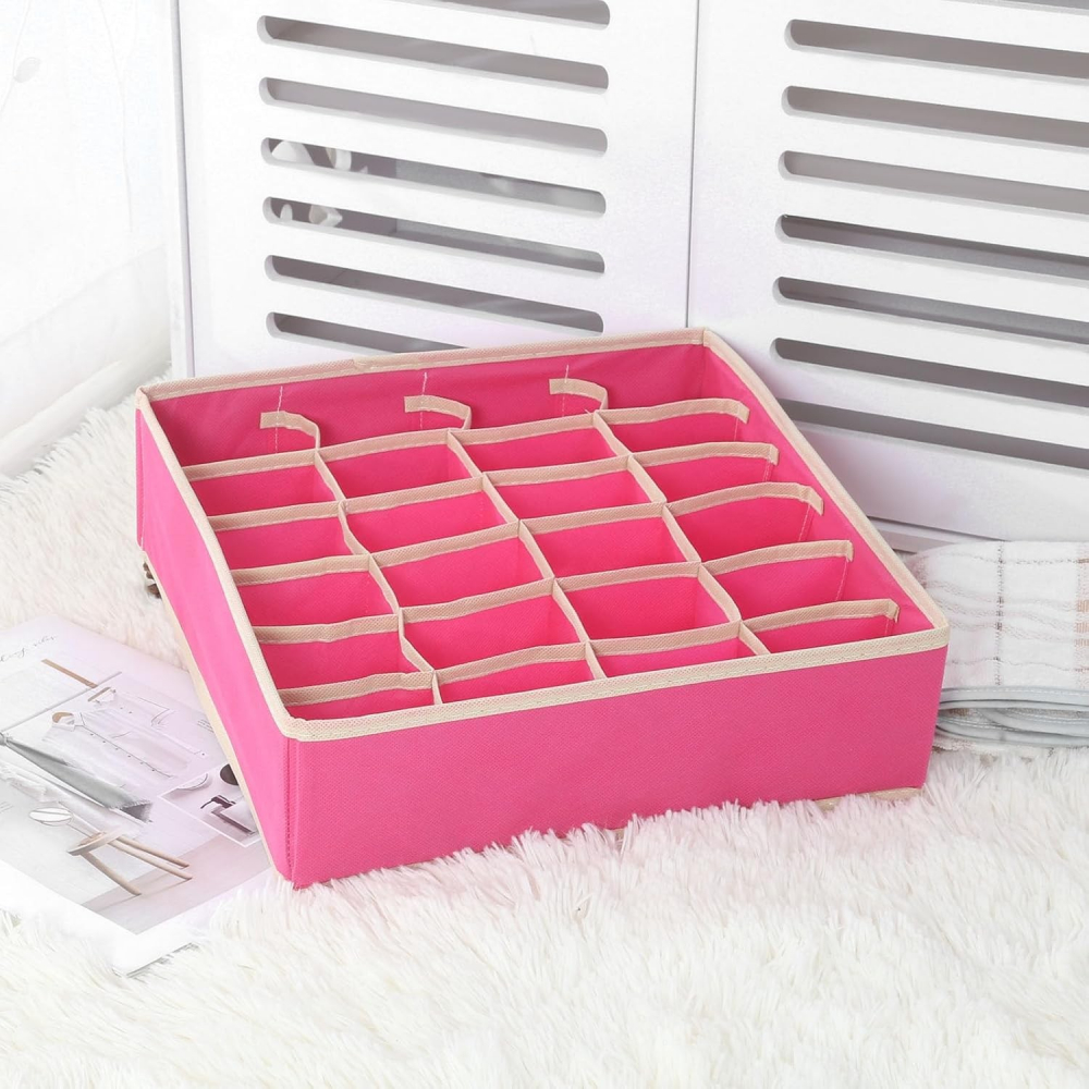 Cutie de depozitare, pentru lenjerie, sosete si sutiene, material textil, 24 compartimente, 32 x 32 x 10 cm, culoare roz [4]