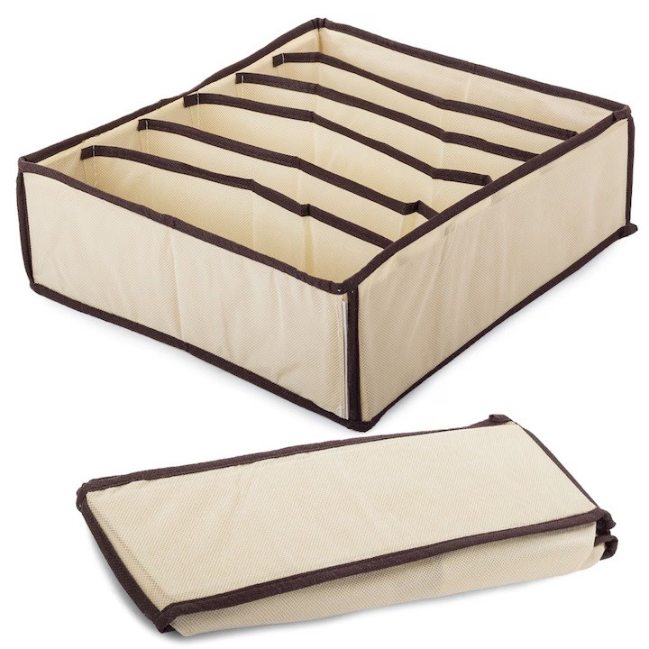 Cutie de depozitare, pentru lenjerie, sosete si sutiene, material textil, 7 compartimente, 32 x 32 x 10 cm, culoare bej [7]
