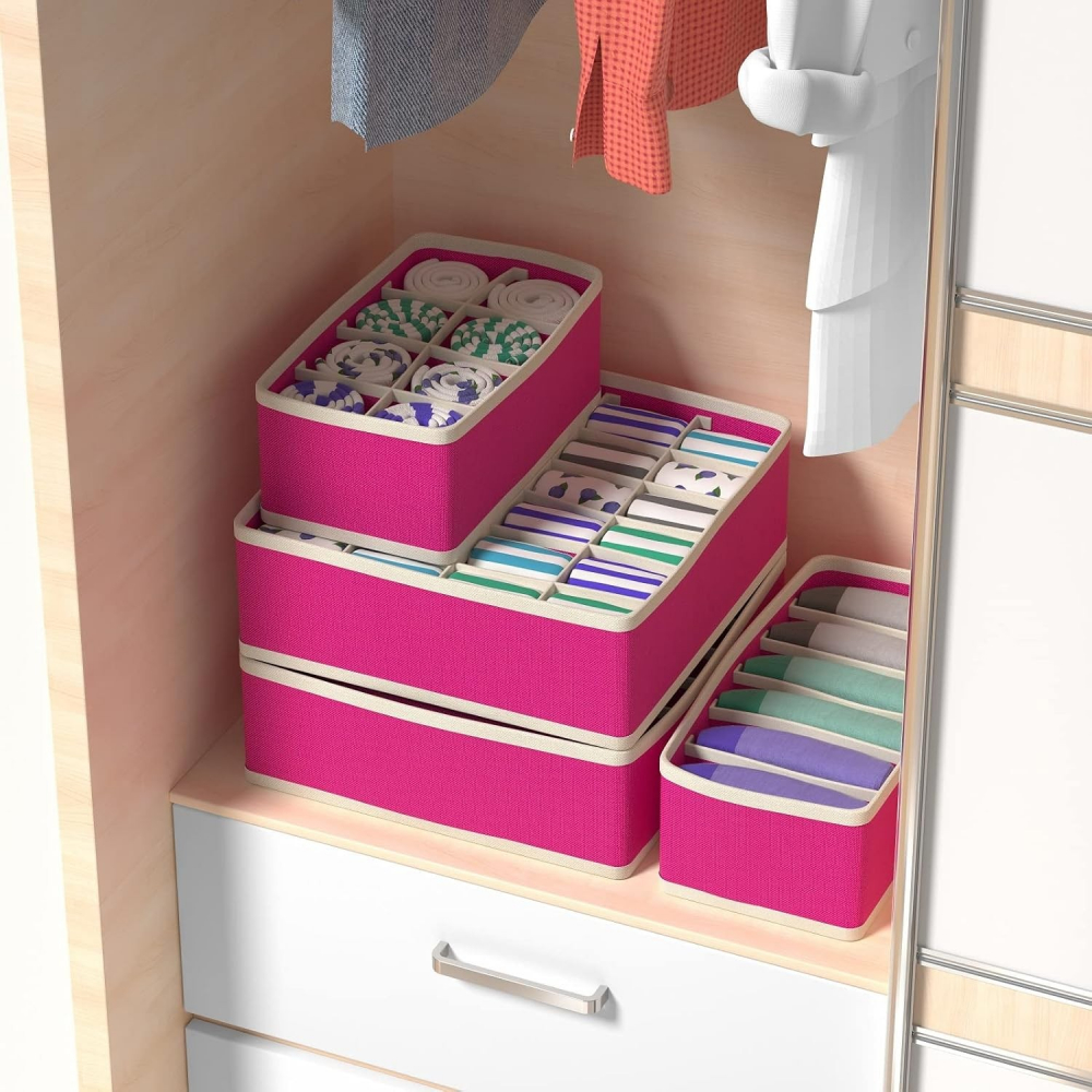 Cutie de depozitare, pentru lenjerie, sosete si sutiene, material textil, 7 compartimente, 32 x 32 x 10 cm, culoare roz [4]