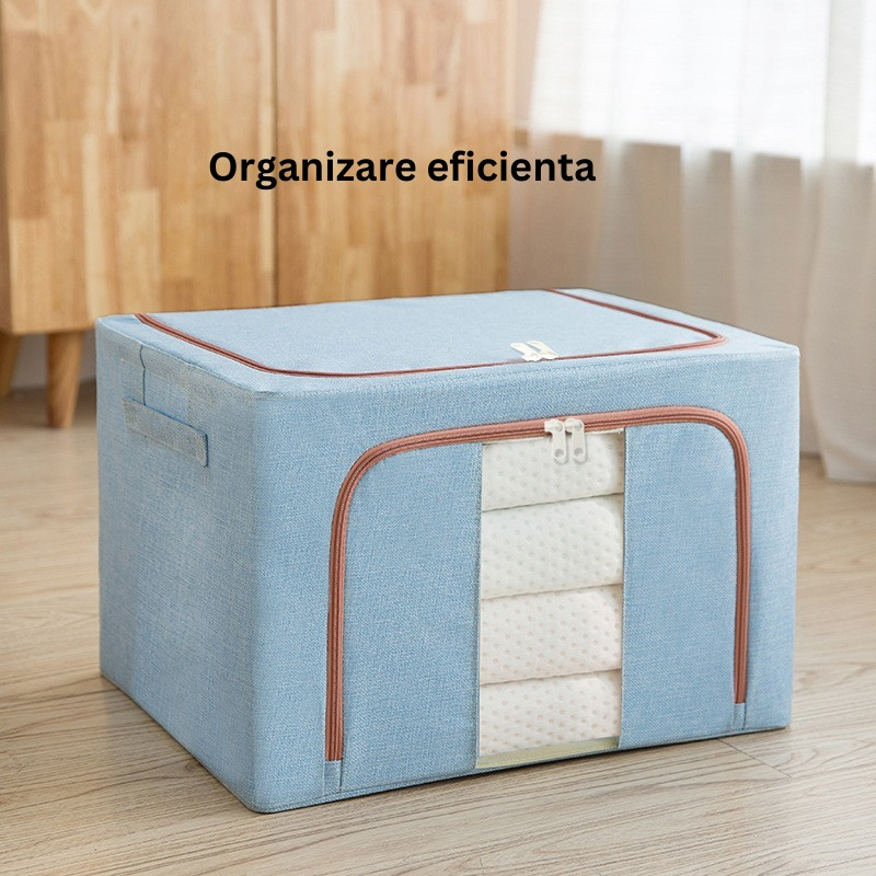 Cutie de depozitare pliabila, 100 l, din bumbac si in, 60x42x40 cm, 2 ferestre, frontala si laterala, 2 usi de acces cu fermoar bidirectional, cadru metalic, suport baza stabil din plastic, bleu [6]