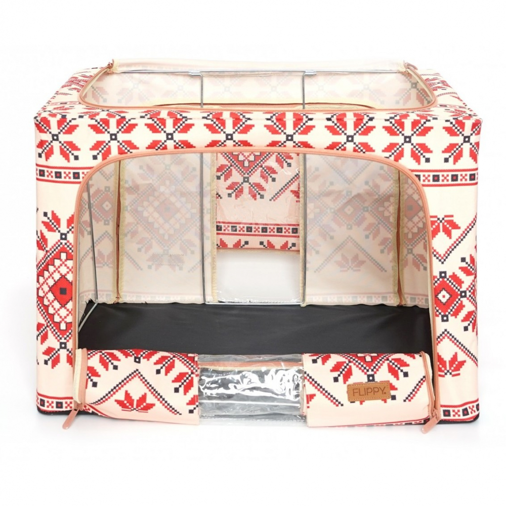 Cutie de depozitare pliabila,100 l din bumbac si in, 60x42x40 cm, fereastra frontala, 2 usi de acces cu fermoar bidirectional, cadru metalic, suport baza stabil din plastic, motiv traditional model 2 [5]