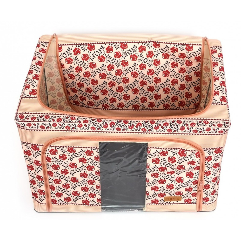 Cutie de depozitare pliabila,100 l din bumbac si in, 60x42x40 cm, fereastra frontala, 2 usi de acces cu fermoar bidirectional, cadru metalic, suport baza stabil din plastic, motiv traditional model 4 [7]