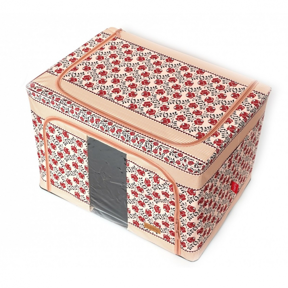 Cutie de depozitare pliabila,100 l din bumbac si in, 60x42x40 cm, fereastra frontala, 2 usi de acces cu fermoar bidirectional, cadru metalic, suport baza stabil din plastic, motiv traditional model 4 [6]