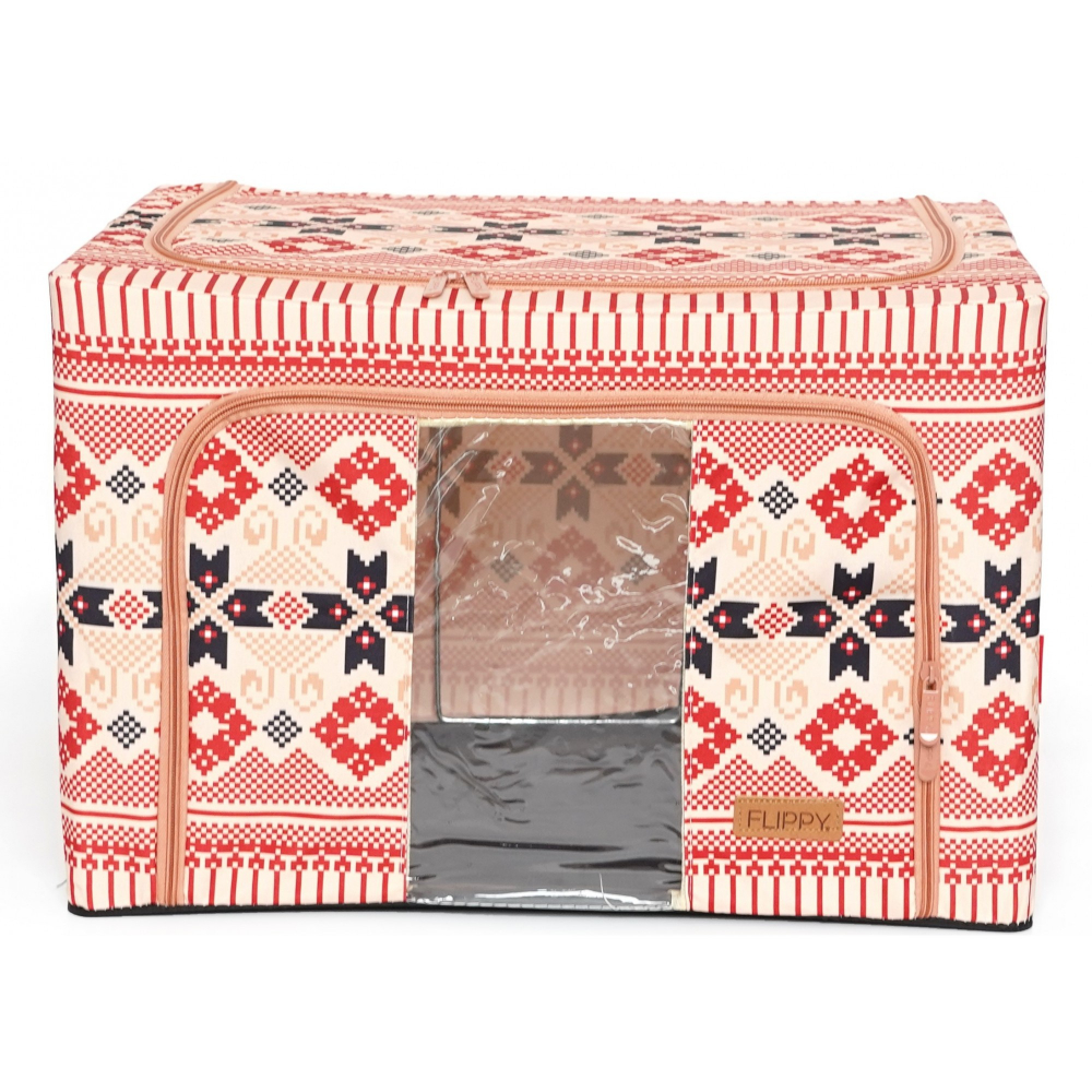 Cutie de depozitare pliabila,100 l din bumbac si in, 60x42x40 cm, fereastra frontala, 2 usi de acces cu fermoar bidirectional, cadru metalic, suport baza stabil din plastic, motiv traditional model 1 [11]