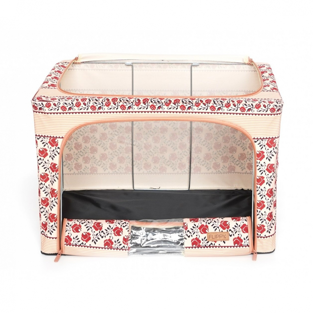 Cutie de depozitare pliabila,100 l din bumbac si in, 60x42x40 cm, fereastra frontala, 2 usi de acces cu fermoar bidirectional, cadru metalic, suport baza stabil din plastic, motiv traditional model 4 [9]