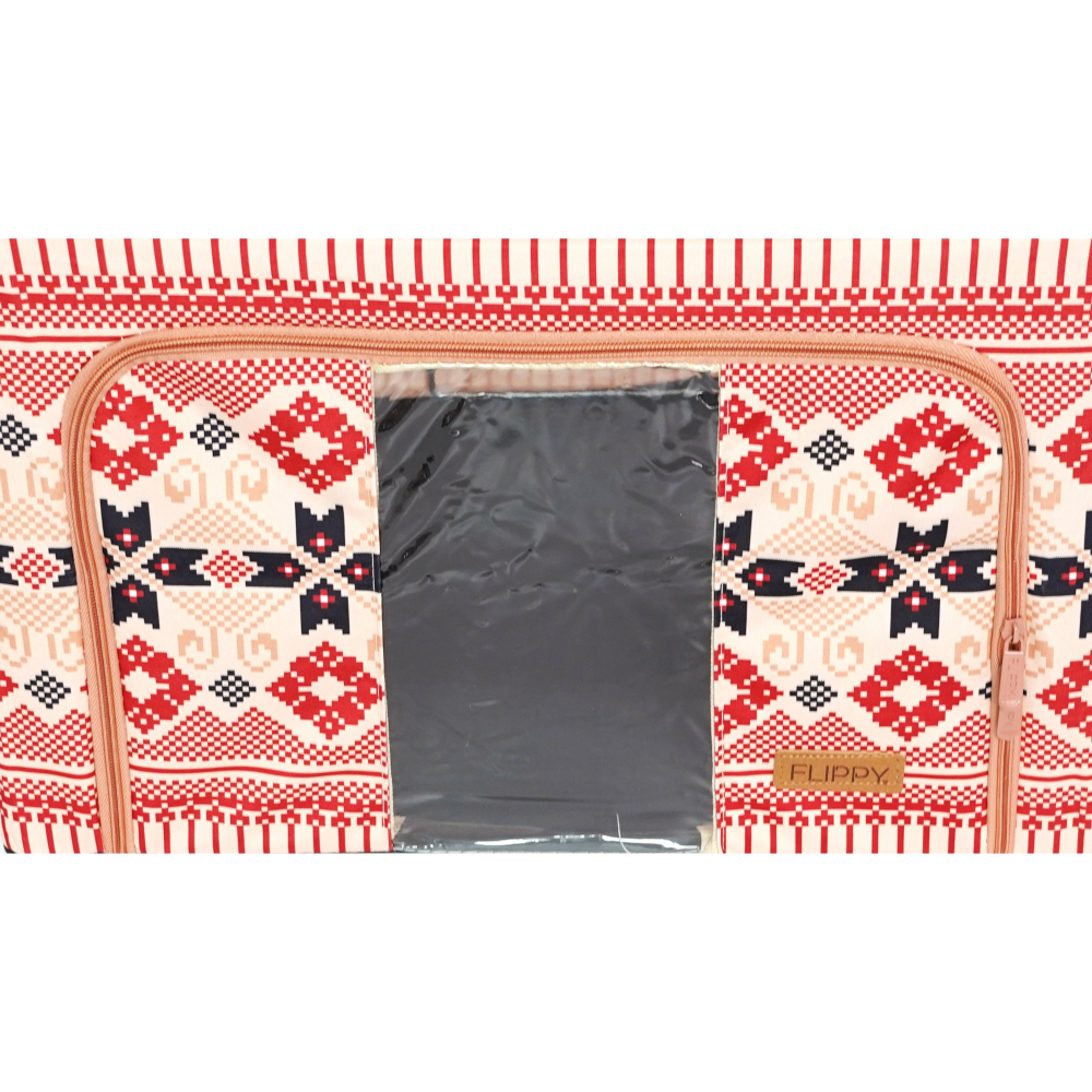 Cutie de depozitare pliabila,100 l din bumbac si in, 60x42x40 cm, fereastra frontala, 2 usi de acces cu fermoar bidirectional, cadru metalic, suport baza stabil din plastic, motiv traditional model 1 [4]