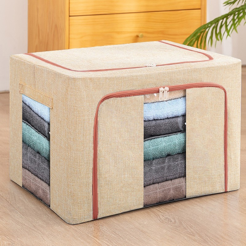 Cutie de depozitare pliabila, 24 l, din bumbac si in, 40x30x20 cm, 2 ferestre, frontala si laterala, 2 usi de acces cu fermoar bidirectional, cadru metalic, suport baza stabil din plastic, bej [5]