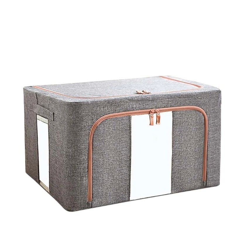Cutie de depozitare pliabila, 24 l, din bumbac si in, 40x30x20 cm, 2 ferestre, frontala si laterala, 2 usi de acces cu fermoar bidirectional, cadru metalic, suport baza stabil din plastic, gri [5]