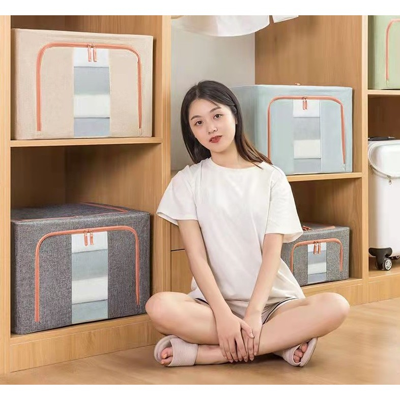 Cutie de depozitare pliabila, 24 l, din bumbac si in, 40x30x20 cm, 2 ferestre, frontala si laterala, 2 usi de acces cu fermoar bidirectional, cadru metalic, suport baza stabil din plastic, bej [7]