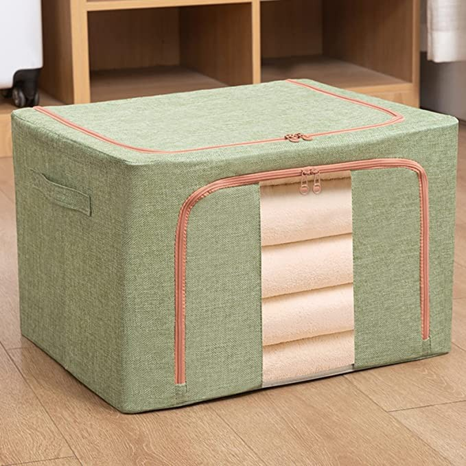 Cutie de depozitare pliabila, 24 l, din bumbac si in, 40x30x20 cm, fereastra frontala, 2 usi de acces cu fermoar bidirectional, cadru metalic, suport baza stabil din plastic, verde [2]