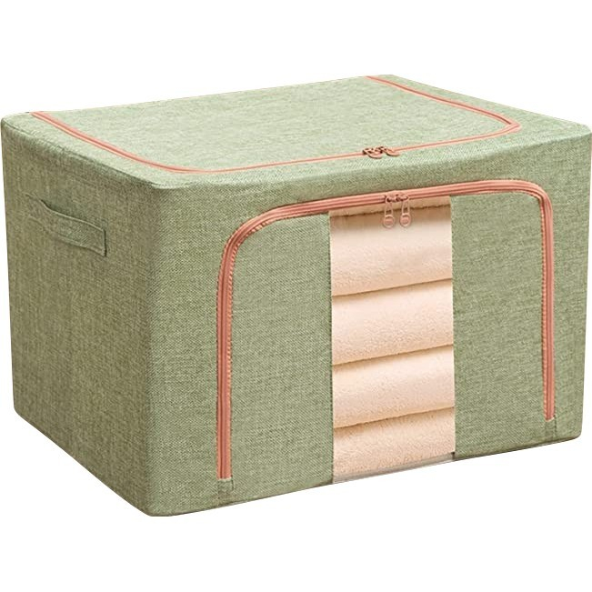 Cutie de depozitare pliabila, 24 l, din bumbac si in, 40x30x20 cm, fereastra frontala, 2 usi de acces cu fermoar bidirectional, cadru metalic, suport baza stabil din plastic, verde [4]
