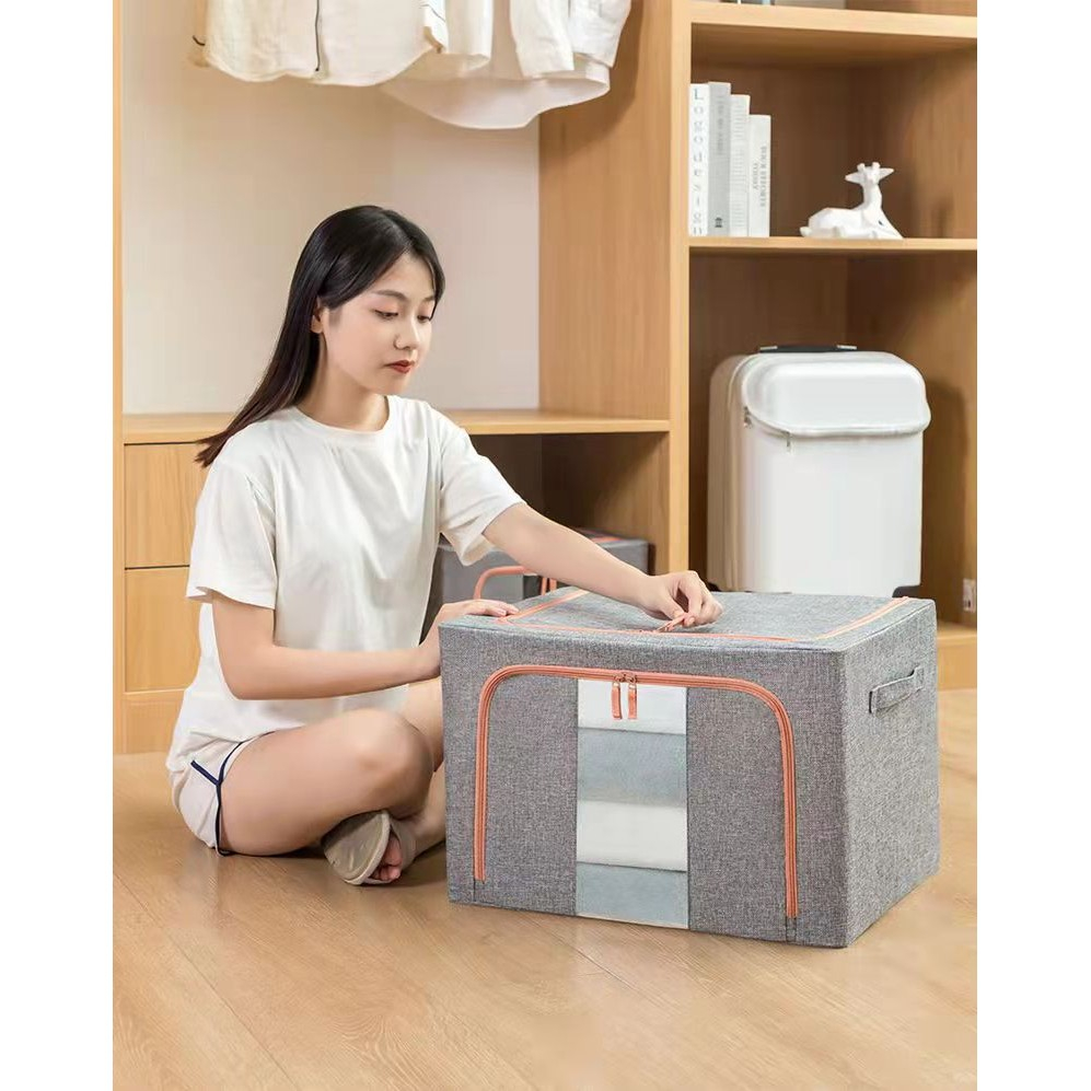 Cutie de depozitare pliabila, 24 l, din bumbac si in, 40x30x20 cm, fereastra frontala, 2 usi de acces cu fermoar bidirectional, cadru metalic, suport baza stabil din plastic, gri [10]
