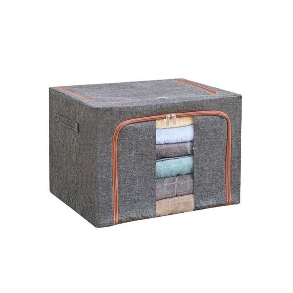 Cutie de depozitare pliabila, 24 l, din bumbac si in, 40x30x20 cm, fereastra frontala, 2 usi de acces cu fermoar bidirectional, cadru metalic, suport baza stabil din plastic, gri [7]