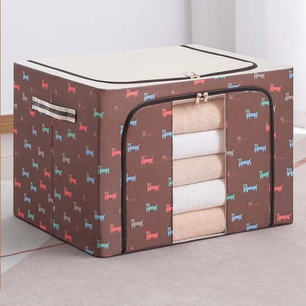 Cutie de depozitare pliabila, 24 l, panza oxford, 40x30x20 cm, fereastra frontala, 2 usi de acces cu fermoar bidirectional, cadru metalic, suport baza stabil din plastic, imprimeu catelus, maro/bej [2]