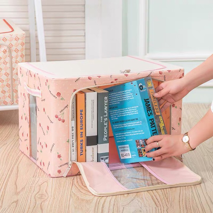 Cutie de depozitare pliabila, 24 l, panza oxford, 40x30x20 cm, fereastra frontala, 2 usi de acces cu fermoar bidirectional, cadru metalic, suport baza stabil din plastic, imprimeu cirese, roz [3]