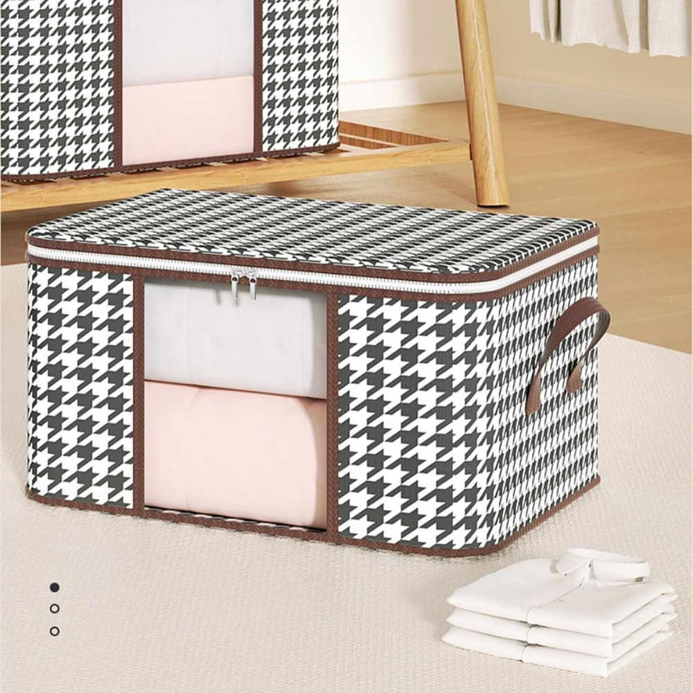 Cutie de depozitare pliabila, 60x40x30 cm, 75 l, fereastra frontala, cu fermoar bidirectional, suport baza stabil, imprimeu in carouri, alb/negru [5]