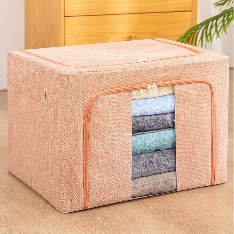 Cutie de depozitare pliabila, 66 l, din bumbac si in, 33x40x50 cm, 2 ferestre, frontala si laterala, 2 usi de acces cu fermoar bidirectional, cadru metalic, suport baza stabil din plastic, roz pudrat [5]
