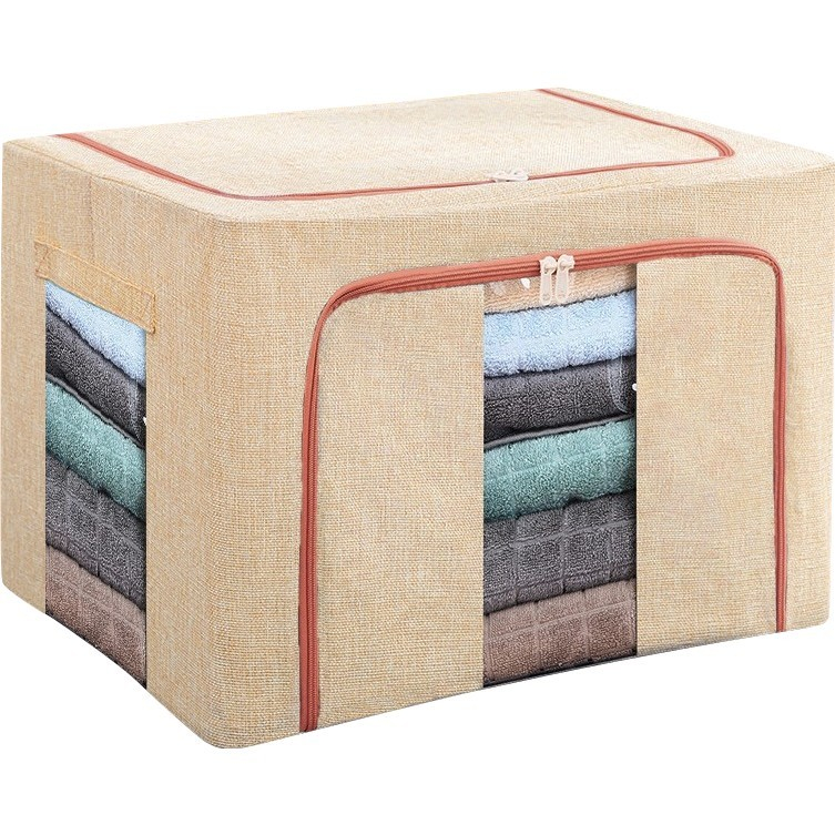 Cutie de depozitare pliabila, 66 l, din bumbac si in, 50x40x33 cm, 2 ferestre, frontala si laterala, 2 usi de acces cu fermoar bidirectional, cadru metalic, suport baza stabil din plastic, bej [5]