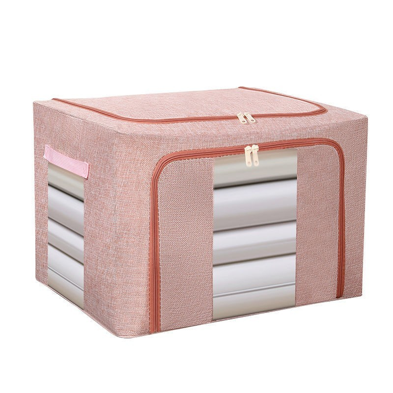Cutie de depozitare pliabila, 66 l, din bumbac si in, 50x40x33 cm, 2 ferestre, frontala si laterala, 2 usi de acces cu fermoar bidirectional, cadru metalic, suport baza stabil din plastic, roz pudrat [4]