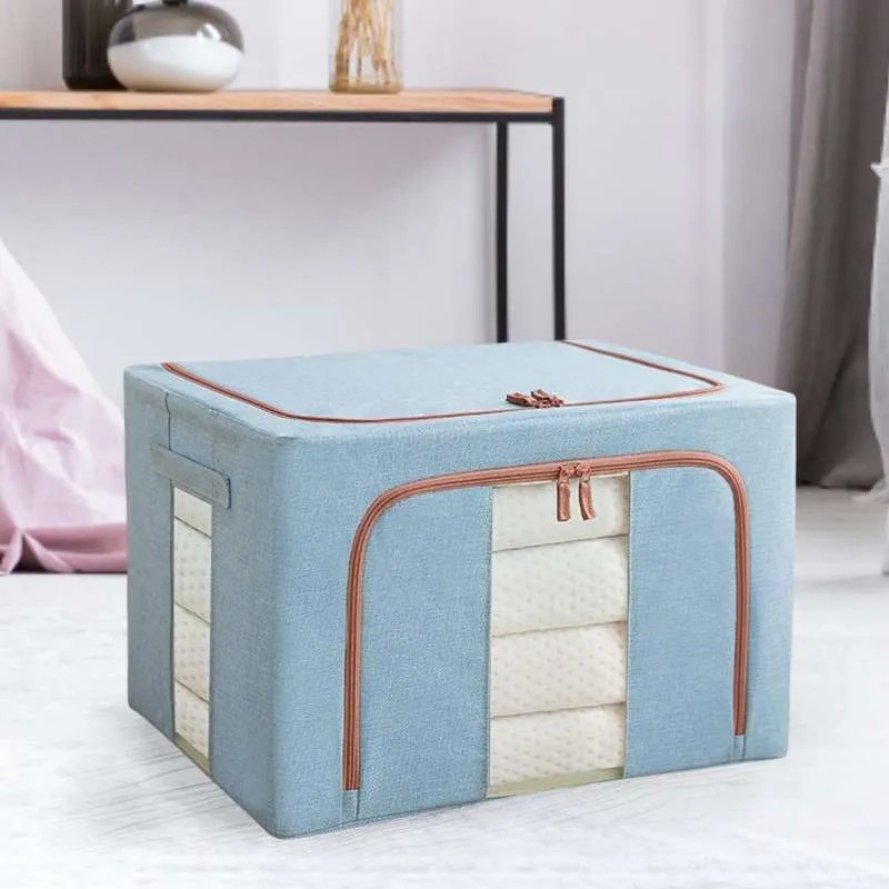 Cutie de depozitare pliabila, 66 l, din bumbac si in, 50x40x33 cm, 2 ferestre, frontala si laterala, 2 usi de acces cu fermoar bidirectional, cadru metalic, suport baza stabil din plastic, bleu [2]