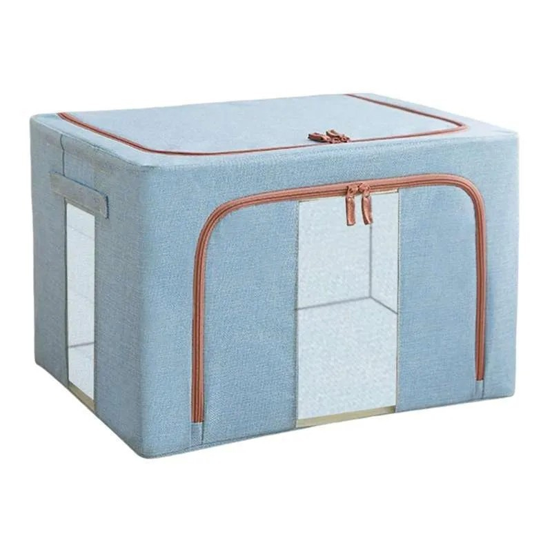 Cutie de depozitare pliabila, 66 l, din bumbac si in, 50x40x33 cm, 2 ferestre, frontala si laterala, 2 usi de acces cu fermoar bidirectional, cadru metalic, suport baza stabil din plastic, bleu [3]