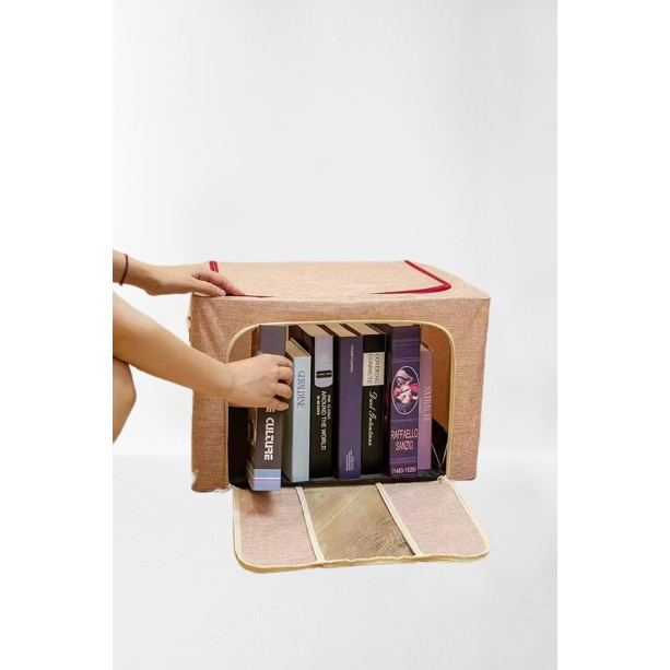 Cutie de depozitare pliabila, 66 l, din bumbac si in, 50x40x33 cm, fereastra frontala, 2 usi de acces cu fermoar bidirectional, cadru metalic, suport baza stabil din plastic, roz pudrat [2]