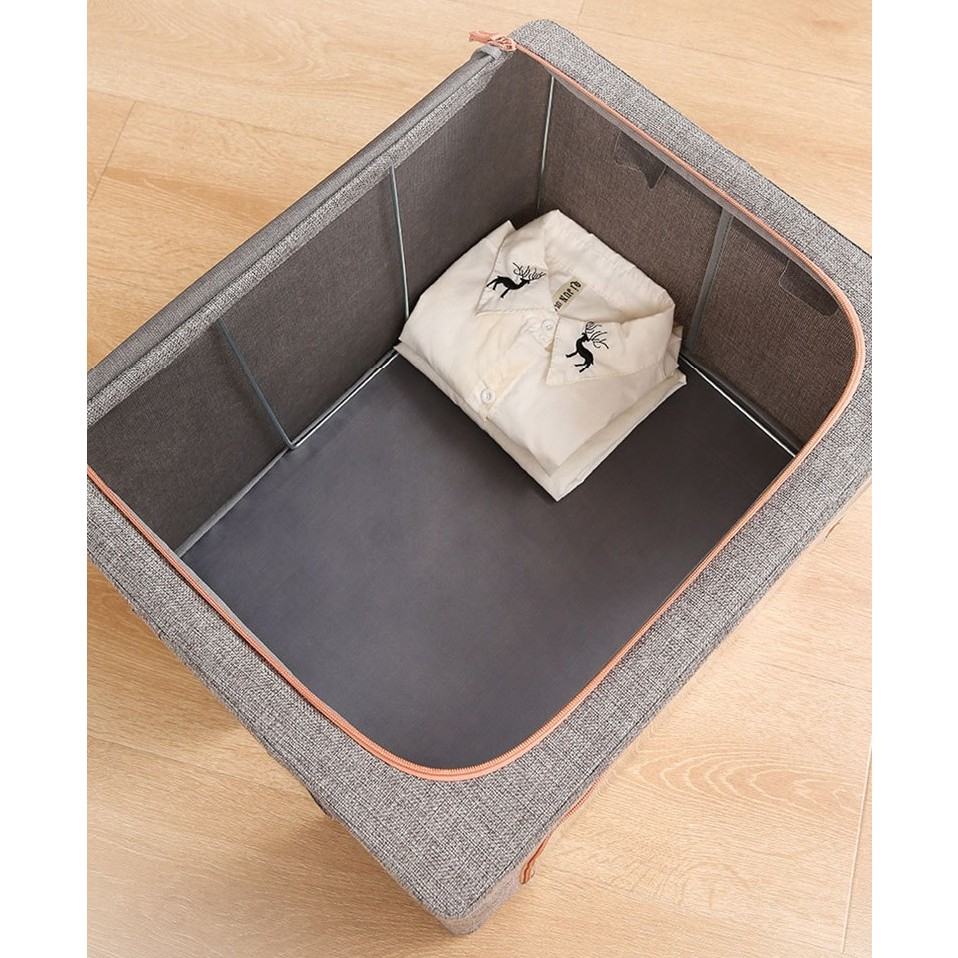 Cutie de depozitare pliabila, 66 l, din bumbac si in, 50x40x33 cm, fereastra frontala, 2 usi de acces cu fermoar bidirectional, cadru metalic, suport baza stabil din plastic, gri [10]