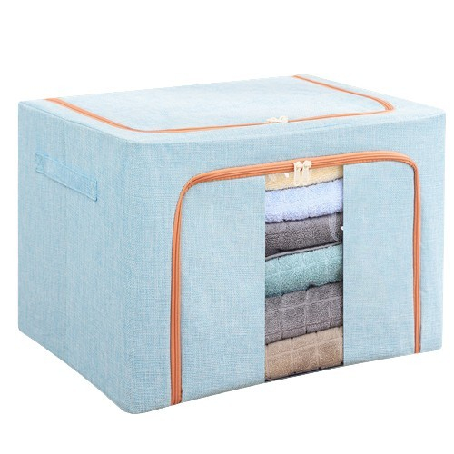 Cutie de depozitare pliabila, 66 l, din bumbac si in, 50x40x33 cm, fereastra frontala, 2 usi de acces cu fermoar bidirectional, cadru metalic, suport baza stabil din plastic, bleu [3]