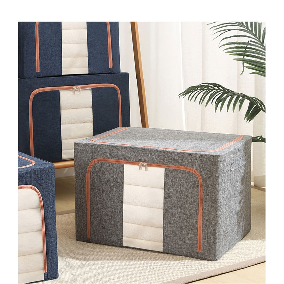 Cutie de depozitare pliabila, 66 l, din bumbac si in, 50x40x33 cm, fereastra frontala, 2 usi de acces cu fermoar bidirectional, cadru metalic, suport baza stabil din plastic, gri [16]