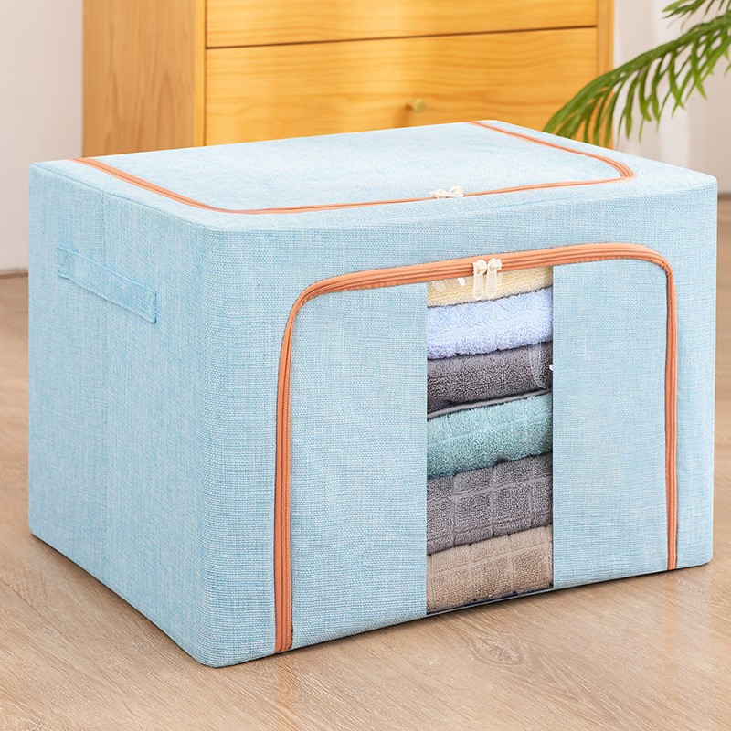 Cutie de depozitare pliabila, 66 l, din bumbac si in, 50x40x33 cm, fereastra frontala, 2 usi de acces cu fermoar bidirectional, cadru metalic, suport baza stabil din plastic, bleu [2]