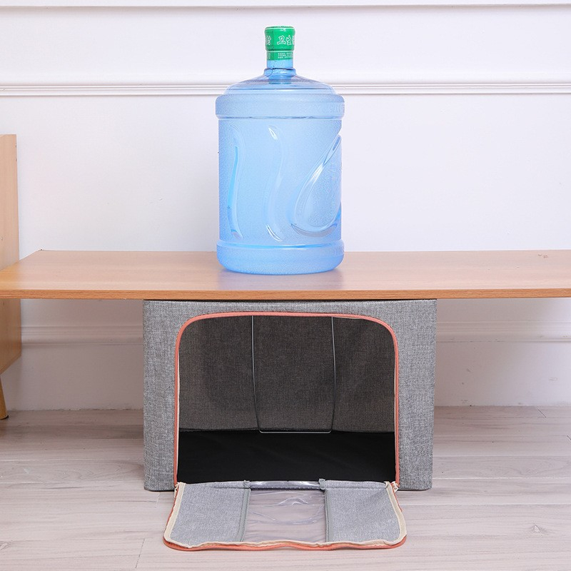 Cutie de depozitare pliabila, 66 l, din bumbac si in, 50x40x33 cm, fereastra frontala, 2 usi de acces cu fermoar bidirectional, cadru metalic, suport baza stabil din plastic, gri [7]