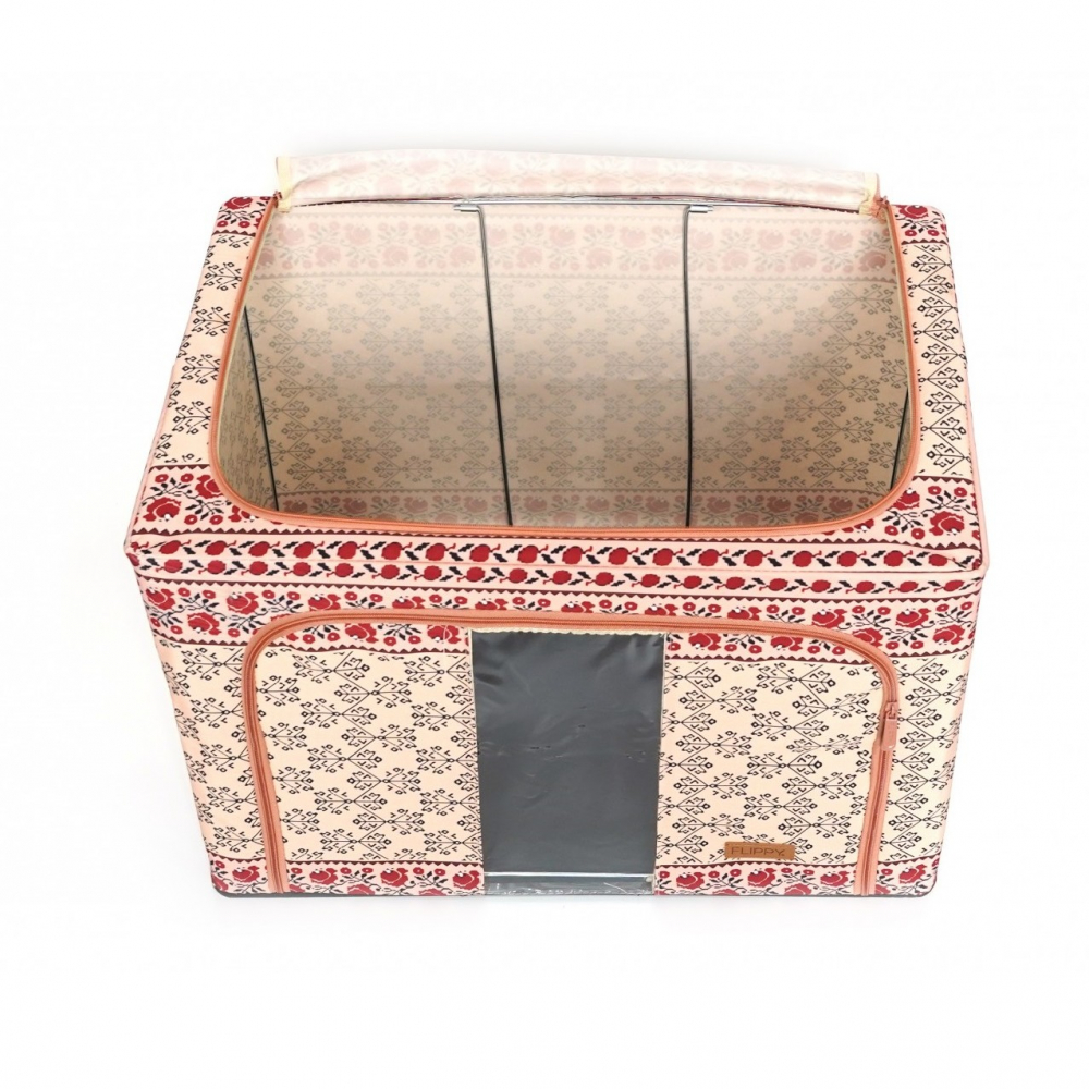Cutie de depozitare pliabila, 66 l din bumbac si in, 52 x 42 x 39 cm, fereastra frontala, 2 usi de acces cu fermoar bidirectional, cadru metalic, suport baza stabil din plastic, motiv traditional model 6 [2]