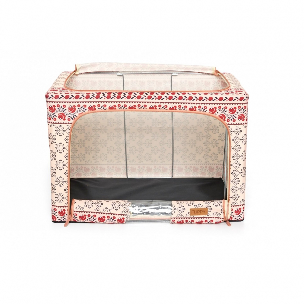 Cutie de depozitare pliabila, 66 l din bumbac si in, 52 x 42 x 39 cm, fereastra frontala, 2 usi de acces cu fermoar bidirectional, cadru metalic, suport baza stabil din plastic, motiv traditional model 6 [4]