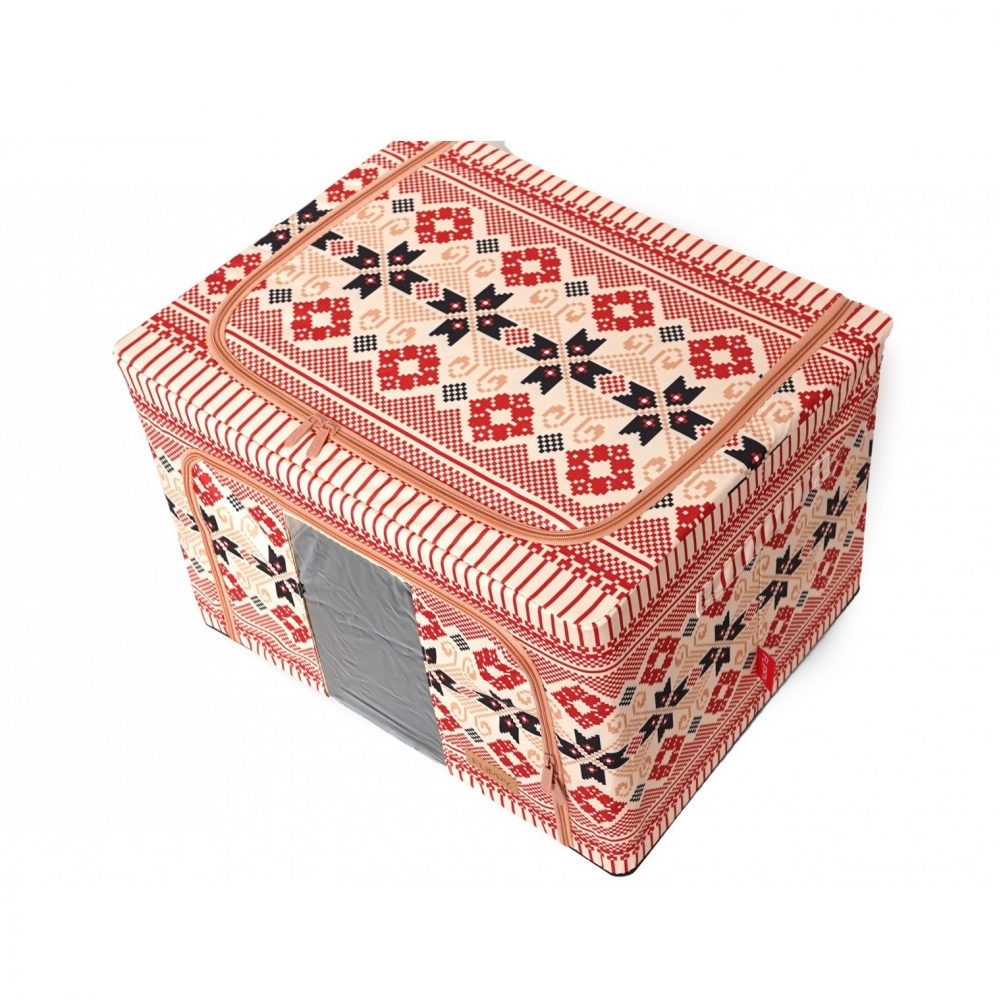 Cutie de depozitare pliabila, 66 l din bumbac si in, 52 x 42 x 39 cm, fereastra frontala, 2 usi de acces cu fermoar bidirectional, cadru metalic, suport baza stabil din plastic, motiv traditional model 5 [3]