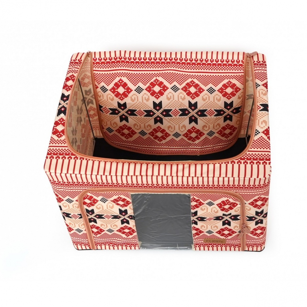 Cutie de depozitare pliabila, 66 l din bumbac si in, 52 x 42 x 39 cm, fereastra frontala, 2 usi de acces cu fermoar bidirectional, cadru metalic, suport baza stabil din plastic, motiv traditional model 5 [6]