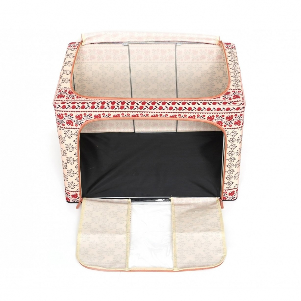 Cutie de depozitare pliabila, 66 l din bumbac si in, 52 x 42 x 39 cm, fereastra frontala, 2 usi de acces cu fermoar bidirectional, cadru metalic, suport baza stabil din plastic, motiv traditional model 6 [3]