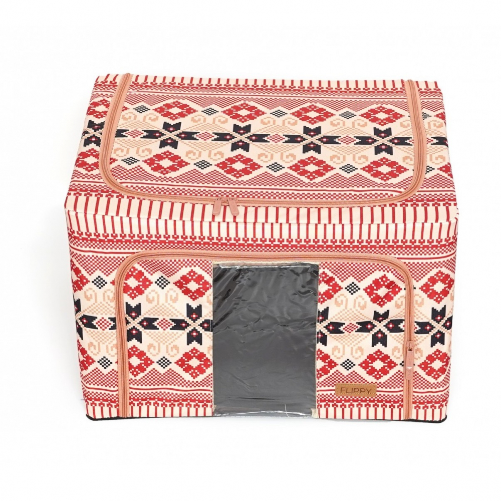 Cutie de depozitare pliabila, 66 l din bumbac si in, 52 x 42 x 39 cm, fereastra frontala, 2 usi de acces cu fermoar bidirectional, cadru metalic, suport baza stabil din plastic, motiv traditional model 5 [2]