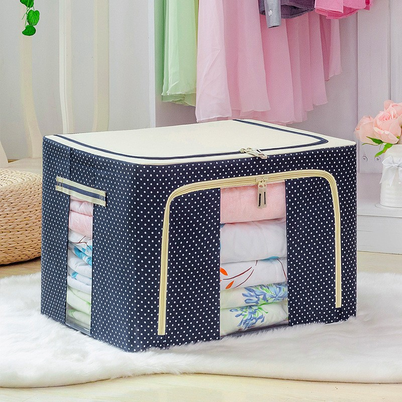 Cutie de depozitare pliabila, 66 l, din panza oxford, 50x40x33 cm, 2 ferestre, frontala si laterala, 2 usi de acces cu fermoar bidirectional, cadru metalic, suport baza stabil din plastic, imprimeu buline, albastru marin [2]