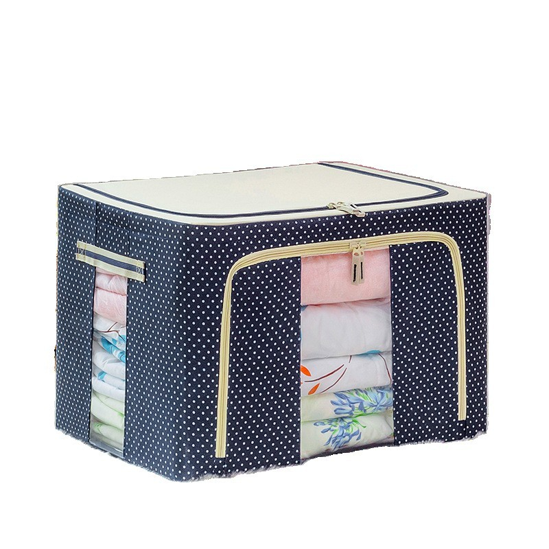 Cutie de depozitare pliabila, 66 l, din panza oxford, 50x40x33 cm, 2 ferestre, frontala si laterala, 2 usi de acces cu fermoar bidirectional, cadru metalic, suport baza stabil din plastic, imprimeu buline, albastru marin [4]