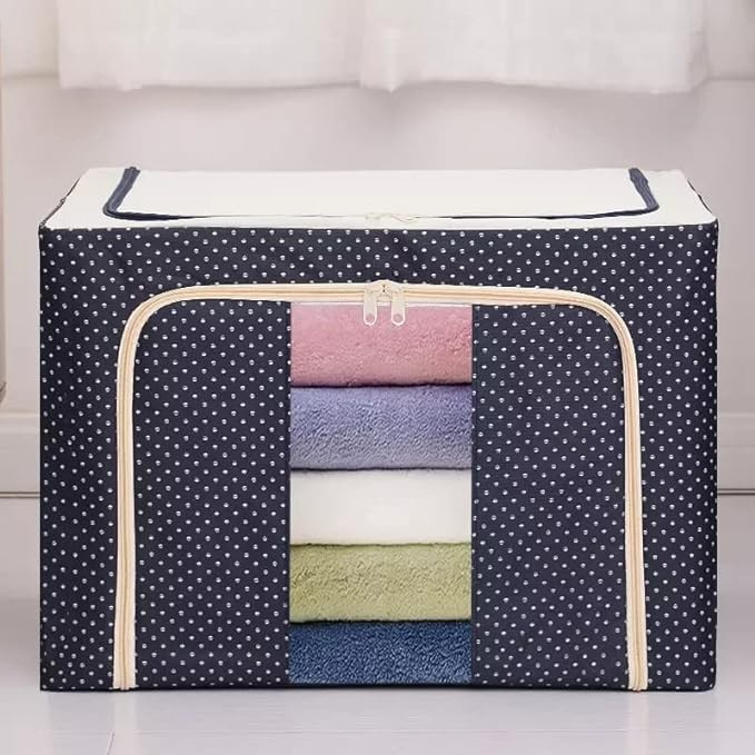 Cutie de depozitare pliabila, 66 l, din panza oxford, 50x40x33 cm, 2 ferestre, frontala si laterala, 2 usi de acces cu fermoar bidirectional, cadru metalic, suport baza stabil din plastic, imprimeu buline, albastru marin [3]