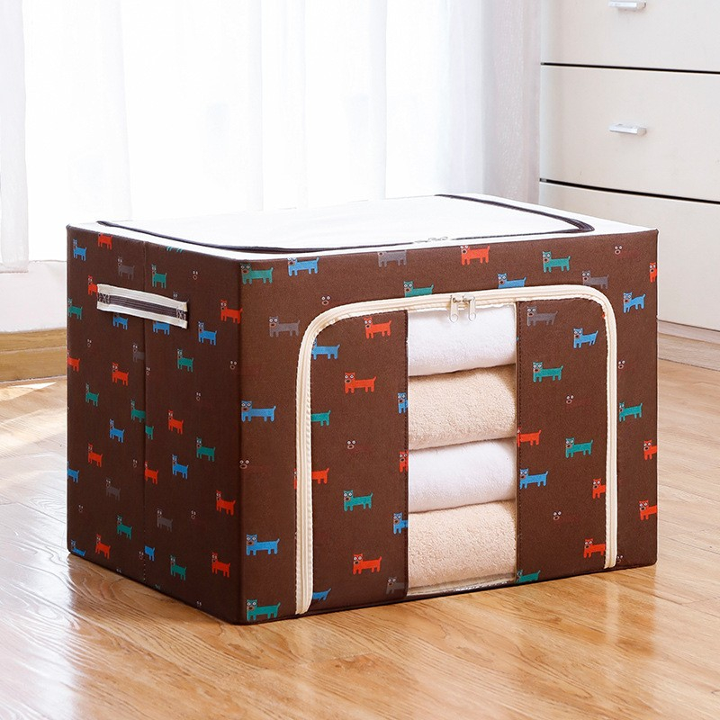 Cutie de depozitare pliabila, 66 l, din tesatura oxford, 50x40x33 cm, fereastra frontala, 2 usi de acces cu fermoar bidirectional, cadru metalic, suport baza stabil din plastic, imprimeu catelusi, maro [2]